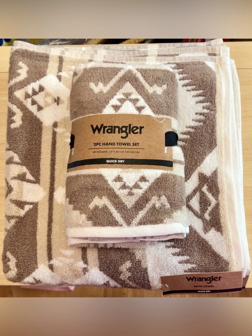 Wrangler Taupe & Cream Southwestern 2-pc Hand Towel Set and 2 Bath Towels.